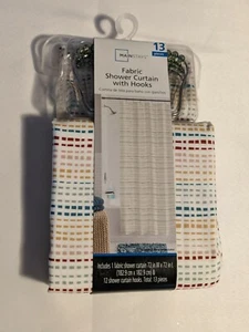 Mainstays Fabric Shower Curtain with Hooks Multi Stitching Stripe 13 Pieces - Picture 1 of 3