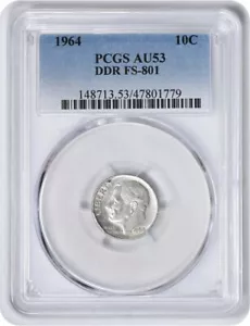 1964 Roosevelt Dime DDR FS-801 AU53 PCGS - Bild 1 von 2