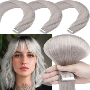 CLEARANCE Thick Tape In 100% Remy Human Hair Extensions 150G FULL HEAD Grey Hair - Picture 1 of 34