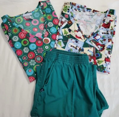 Christmas Scrubs Lot 3 V Life Top Santa Snowman Green Pant Snowflake Top SBScrub - Image 1 of 4