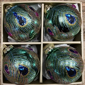 Christian Lacroix grün blau Pfauenfeder Glas Weihnachtsschmuck 3" Set 4 - Bild 1 von 1