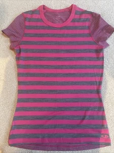 Icebreaker Medium Women’s Tshirt Wool Pink Gray Stripe Short Sleeve - Picture 1 of 6