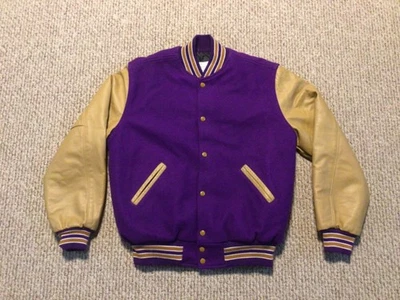 Vtg Holloway Letterman Jacket Purple with Gold Stripes Tan Sleeves Sz Large - Image 1 of 4