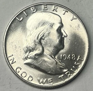 1948 P Franklin Silver Half Dollar, Brilliant Uncirculated FBL Struck through - Picture 1 of 4