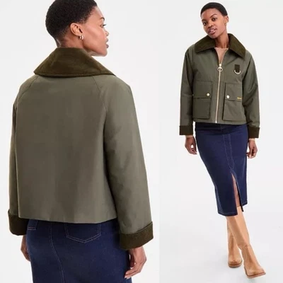 BARBOUR Olive Green Nora Oversized-Collar Utility Jacket NWT Size 14 - Image 1 of 4