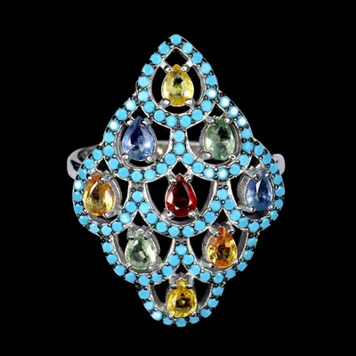 Anello in argento sterling 925 pera zaffiro zirconi gemma gioielli 9 - Immagine 1 di 4