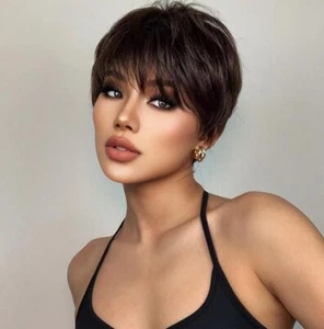 Womens Brown Short Straight Curly Pixie Cut BOB Wig Ladies Hair Full Wigs - Picture 1 of 2