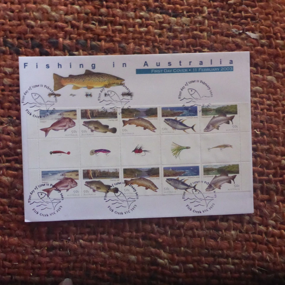 2001 FISHING GUTTER STRIP OF 10 FIRST DAY COVER ON C5 COVER NAT FDI POSTMARK  - image 1 of 4