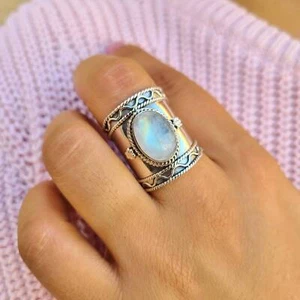 Genuine Moonstone Ring 925 Sterling Silver Statement Ring Rainbow Moonstone Ring - Picture 1 of 10