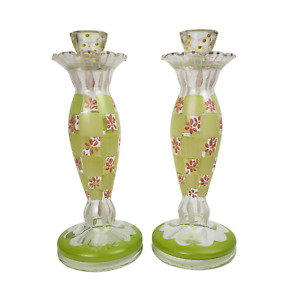 Spring Floral Checker Pink Green Hand Painted Art Glass Candle Stick Holders 11"