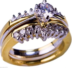 Wedding Set .82 Carat CZ Ladies Two Tone 18K Gold Overlay size 6 R07781 T11 - Picture 1 of 4