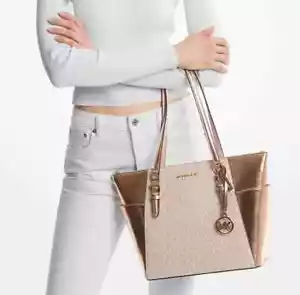 MICHAEL KORS CHARLOTTE LARGE TOP ZIP SHOULDER BAG TOTE SIGNATURE ROSE GOLD - Picture 1 of 4
