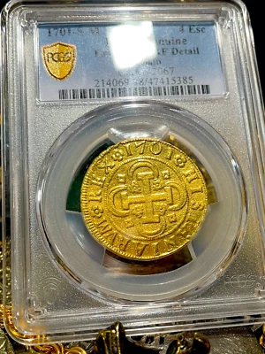 ESPAÑA 4 ESCUDOS 1701 PCGS XF MONEDAS DE ORO PIRATA TESORO DOBLE MOLIDO Foto 1 de 4