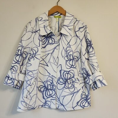 SIGRID OLSEN Chaqueta Algodón Blen 14W Floral Blanco Azul Botón a Presión Bolsillo Abrigo Foto 1 de 4