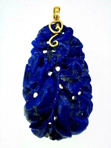 Pendant 14k Yellow Gold Lapis lazuli carved flower bird - Picture 1 of 7