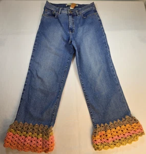 Christopher Blue Crochet Flare Leg Jean Women 8 Stretch Festival Boho Hippie Art - Picture 1 of 14