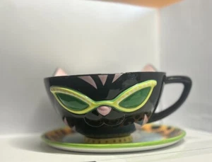 Department 56 Cool Black Cat Wearing Neon Green Sunglasses Cup And Saucer - Picture 1 of 7