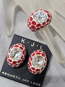 Vtg Kenneth Jay Lane KJL Red & Cream Enamel Huge Crystal Ring & Earrings Set NEW - Picture 1 of 14