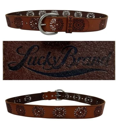 Cinturón Boho Lucky Brand Mujer Pequeño Cuero Flor Marrón Hebilla Western Exterior Foto 1 de 4