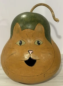 Vintage handbemalte Volkskunst Kürbis Katze signiert JH ~ 11" groß mit Stiel - Bild 1 von 7