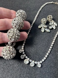 Clear Rhinestone Necklace Bracelet Earrings lot of 3 Victorian VINTAGE Jewelry - Picture 1 of 23