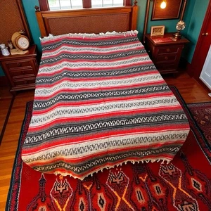 Cuamatzi Mexican Blanket Striped Throw Tapestry With Fringe 50” X 72” Vintage - Picture 1 of 7