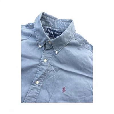 Рубашка с коротким рукавом мужская Ralph Lauren серая синяя Blaire размер L фиолетовая пони опрятная - Изображение 1 из 4