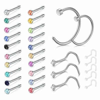 30Pcs 20G Surgical Steel CZ Nose Ring Pin Bone Stud Hoop Ring Piercing Jewelry - Image 1 of 4