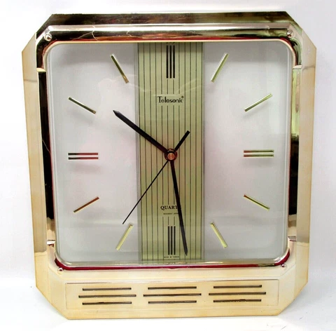 Vintage Wall Clock 1980s Kitsch Home Decor Kitchen Gold Clear Telesonic Battery Cover