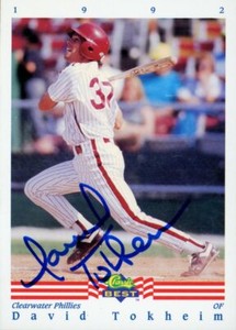 1992 Clearwater Phillies DAVID TOKHEIM Signed Card autograph RC MENLO PARK, CA