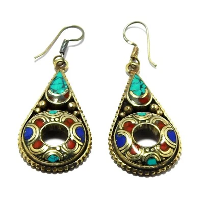 Orecchini Tibetani Gemma Turchese Argento 925 Placcato Nepalese Gioielli Fatt... - Immagine 1 di 4