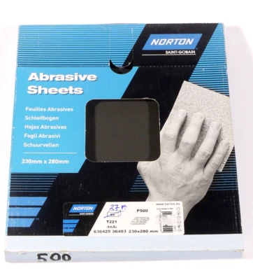 PRL) NORTON 27 FOGLI ABRASIVI 23x28 ABRASIVE SHEETS T221 GRANA P500 CARROZZERIA Foto 1 de 2