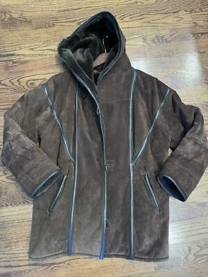 VTG XS Saks Fifth Avenue Brown Suede Wool Faux Fur Collar Hooded Lined Coat - Image 1 of 4