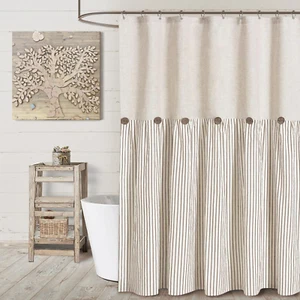 Linen Button Farmhouse Beige Shower Curtain,Linen and Cotton Woven Fabric,,,, - Picture 1 of 12