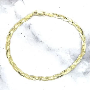 14k Yellow Gold 3.2 MM 7" Braided Flexible HERRINGBONE Chain Bracelet 1.8 GRAMS - Picture 1 of 13