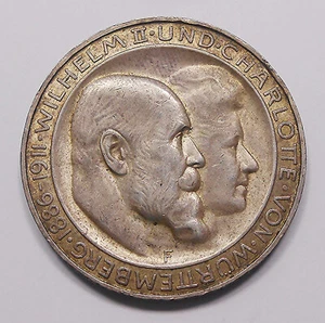 Germany Wurttemberg 1911 F 3 Mark XF Wilhelm II Silver Wedding Ann. States Coin - Picture 1 of 2