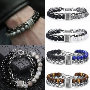 Fashion Natural Stone Tiger Eye Lava Beads Men Bracelets Stainless Steel Jewelry - Picture 1 of 45