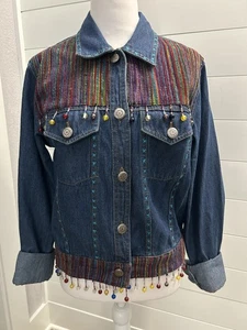 Vintage Bohemian oder Southwest Denim Jeansjacke verziert kleine bestickte Perlen - Bild 1 von 9
