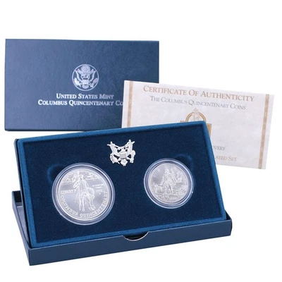 1992 D Columbus Quincentenary BU Commem 90% Silver Dollar Clad Half 2 Coin Set - Image 1 of 4