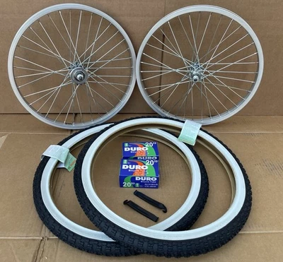 20" BMX Bike Alloy Wheel Set Front Rear Silver White Wall Tires Bundle 20 x 1.75 - Image 1 of 4