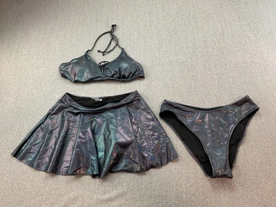 Traje de baño de bikini iridiscente de 3 piezas brillante para mujer talla pequeña falda superior inferior negra Foto 1 de 4