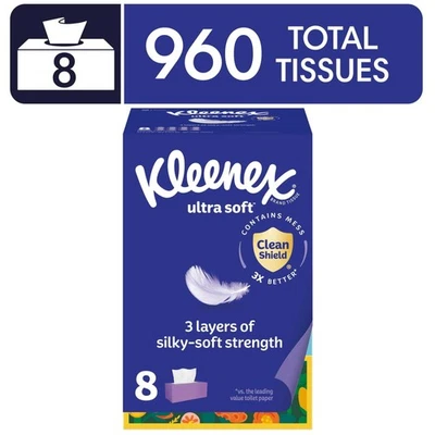 BRANDED Kleenex Ultra Soft Facial Tissues, 8 Flat Boxes, 120 Tissues per Box, 3-Ply.