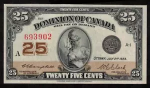 1923 Canada 25 Cent banknote Campbell Clark 693902 DC-24d Choice AU/UNC+ - Picture 1 of 2