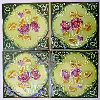 TILE MAJOLICA VINTAGE ENGLAND ART NOUVEAU PORCELAIN ROSE PURPLE 4 PIECES SET#10 - Image 1 of 4