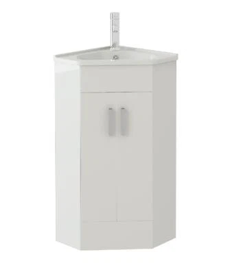 Corner Vanity Unit & Sink Basin Bathroom Cabinet White 500 x 470mm Freestanding