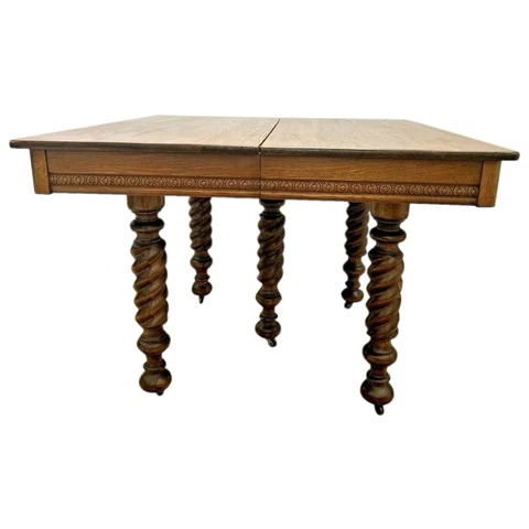 Antique Square Kitchen Table Barley Twist Rare five Legs on caster Wheels Cover