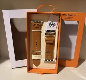 Tory Burch McGraw Leather Apple Watch Band Strap Sz38-45 mm TBS0100E Luggage New - Photo 1 sur 12
