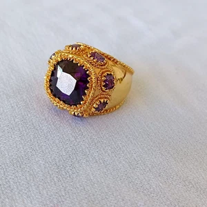 Serena Williams HSN Gold Plated Cocktail Ring Amethysts High Mount Wide Band 6.5 - Picture 1 of 12