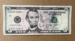 $5 Five Dollar Bill Star Note 2009 Serial Number JA 05479895* - Picture 1 of 6