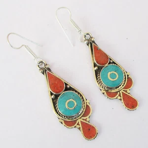 Pendientes Tribales Genuinos Turquesa Coral Multicolor para Mujer Usar Joyería R10 - Imagen 1 de 7